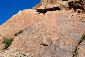 Buddhist rock drawings from 15th century at Tamgaly-Tas on Ili River near Almaty, Kazakhstan