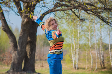 Plus size nice middle age woman rest at nature. Relax time at weekend after work. Lady lifestyle 