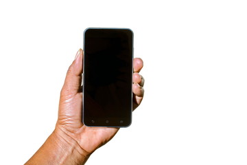 Man hand holding the black smartphone on white background.
