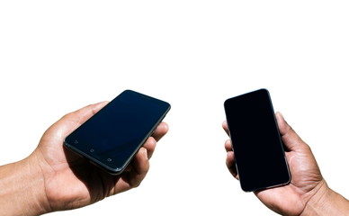 Man hand holding the black smartphone on white background.