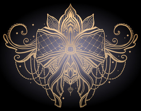 Gothic bow gold tattoo motif. Gold color graphic in black background.
