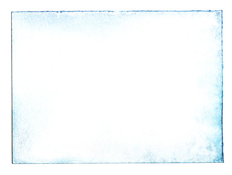 Abstract background. Texture of loose white paper tinted on the edges of blue watercolor. Made by hands. Scanned in high resolution.