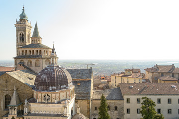 Panoramic view of Bergamo upper city from the city hall bell tower. 
