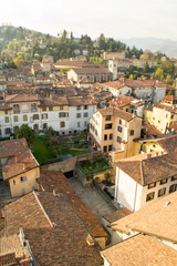 Fototapeta na wymiar Panoramic aerial view of Bergamo Alta, the upper city. It is a medieval town in northern Italy