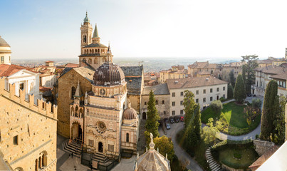 Fototapeta na wymiar Panoramic view of Bergamo upper city from the city hall bell tower. 