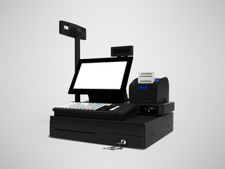 Gray cashier with monitor with cashback function when printing check 3d render on gray background with shadow