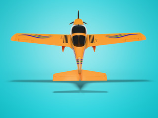 Orange light double airplane flies up 3d render on blue background with shadow