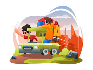 flat vector illustration of family travelling with car, trip on holiday  or comeback from trip. vector website illustration, web page and landing page design for website and mobile site development.