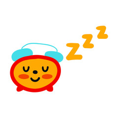 Sleeping alarm clock. Hand drawn icon with lettering. Vector illustration for greeting card, textile t shirt, print, stickers, posters design.