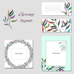 Templates for corporate identity with a multi-colored pattern of contour leaves. Test frames with fun painted ornaments.