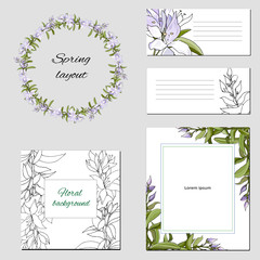Templates for corporate identity with contour floral pattern. Natural ornament of green leaves for modern design of business cards, ads, posters, advertising.