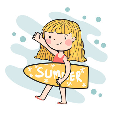 drawing cute happy surfer girl holding summer surfboard  flat vector