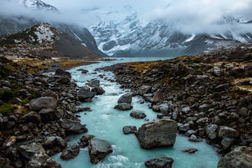 Beautiful view of the blue turquoise river in Hooker Valley track. Mount Cook National Park.