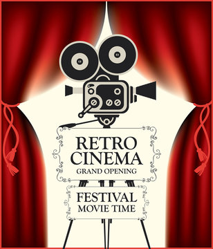 Vector poster for retro cinema movie festival with red Curtains and old fashioned movie camera on the tripod in vintage style. Can be used for banner, poster, web page, background. Grand opening