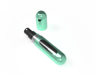 Perfume atomizers template realistic spray case for fragrance isolated on white background. 3d illustartion