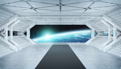White blue spaceship futuristic interior with window view on planet Earth 3d rendering © sdecoret
