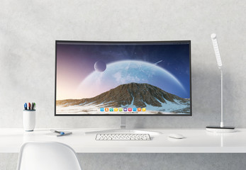 Curved monitor on white desktop concrete interior mockup 3D rendering - obrazy, fototapety, plakaty