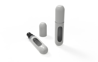 Perfume atomizers template realistic spray case for fragrance isolated on white background. 3d illustartion