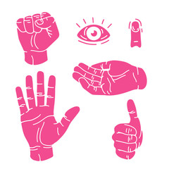 Obraz premium Hand gestures set isolated. Palm, fist, thumb up, cupped hand, finger. Modern beautiful style. Realistic. Flat style vector illustration. Line signs and icons. Different positions of human hands.