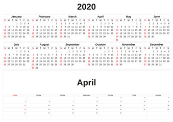 2020 a monthly calendar  with white background.