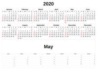2020 a monthly calendar  with white background.