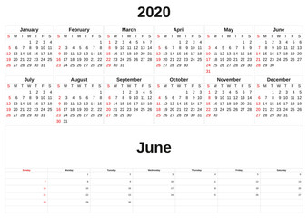 2020 a monthly calendar  with white background.