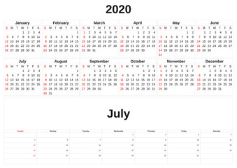 2020 a monthly calendar  with white background.