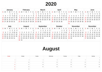 2020 a monthly calendar  with white background.