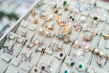 Collection of gold jewellery in shop close up