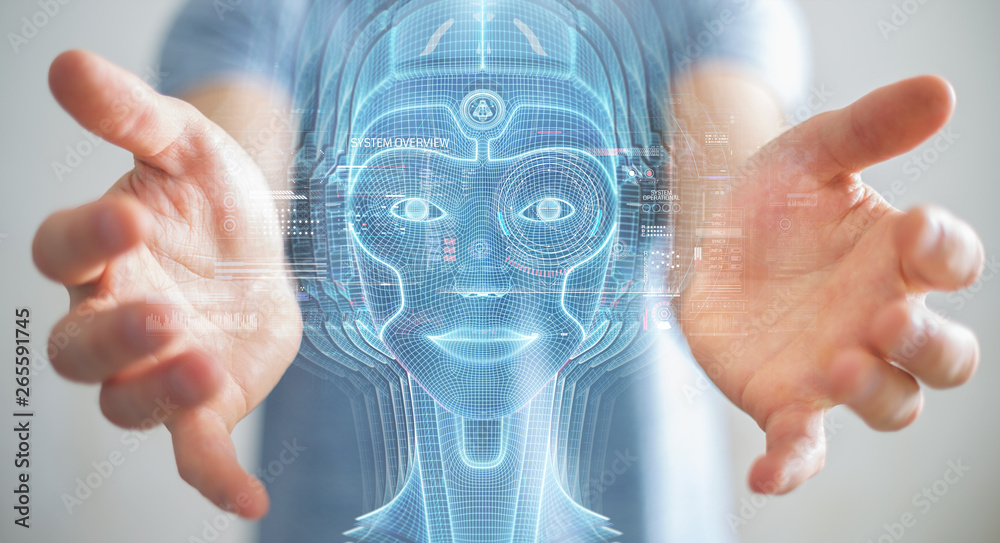 Leinwandbilder businessman using digital artificial intelligence head interface 3d rendering