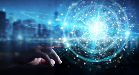 Businessman hand creating renewable and sustainable eco energy with electrical sphere 3D rendering