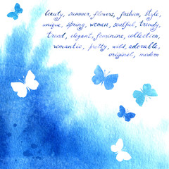 Watercolor background with butterflies, vintage hand written text