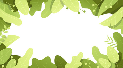 Leaves frame set. Flat style. Plants, flowers, bushes. Modern trendy minimalistic and simple design. Bright green summer, spring colors. Cartoon style. Floral background. Vector illustration.