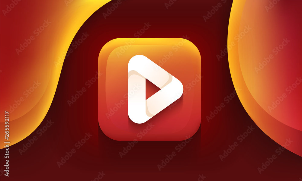 Wall mural app icon. video play sign. square shape. mobile ux/ui. orange color with gradient. glossy beautiful 