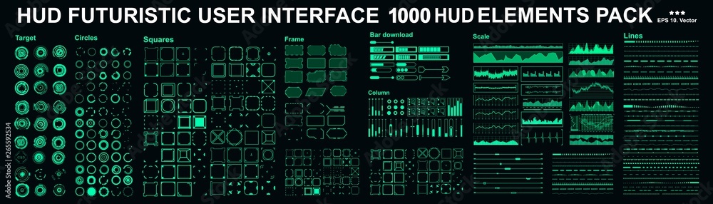 Poster HUD elements mega set pack. Dashboard display virtual reality technology screen. Futuristic user interface.