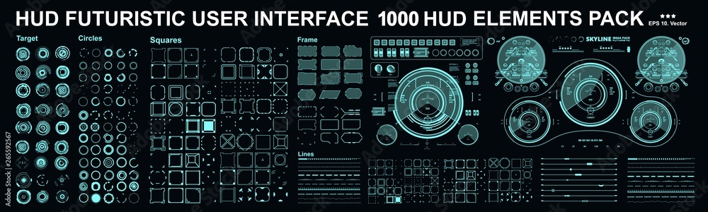 Poster HUD elements mega set pack. Dashboard display virtual reality technology screen. Futuristic user interface.