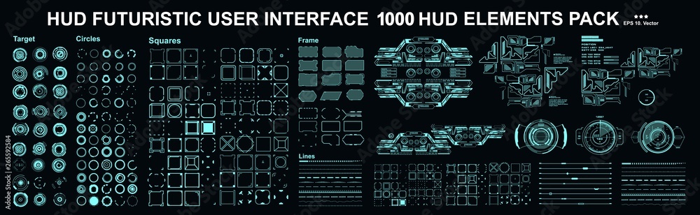 Poster HUD elements mega set pack. Dashboard display virtual reality technology screen. Futuristic user interface.