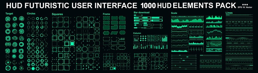 HUD elements mega set pack. Dashboard display virtual reality technology screen. Futuristic user interface.