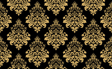Floral pattern. Vintage wallpaper in the Baroque style. Seamless vector background. Gold and black ornament for fabric, wallpaper, packaging. Ornate Damask flower ornament