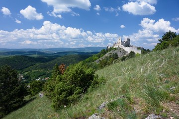 Fototapeta na wymiar Landscape view with Cachtice Castle ruin from 13th century in Carpathians, Slovakia, Europe. National nature reserve.