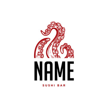 Octopus tentacles logo concept. Hand drawn vector illustration of an octopus palps  in engraving technique. Elegant emblem design for Japanese cuisine restaurant, sushi bar.