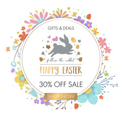 "Happy Easter" special offer design. Vector typographic poster with Easter egg hunt, rabbit, flowers and golden gradient. Good for invitations, prints, stickers, banners and tags.