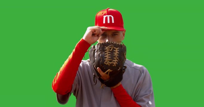 CU Portrait of pitcher baseball player. GREEN SCREEN CHROMA KEY. 4K UHD 60 FPS SLO MO RAW