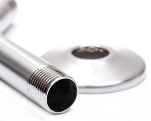 Brushed Nickel Metal Shower Arm and Flange isolated on white background.