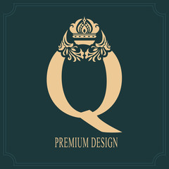 Elegant Letter Q with Crown. Graceful Royal Style. Calligraphic Beautiful Logo. Vintage Drawn Emblem for Book Design, Brand Name, Business Card, Restaurant, Boutique, Crest, Hotel. Vector illustration