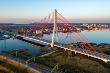 Gdansk, Poland. Modern highway cable-stayed bridge over Dead Vistula river and the railway.. Aerial...