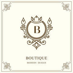 Coat of Arms. Initial Letter B. Heraldic Royal Frame with Crown. Simple Composition. Graphics Style. Logo Design. Abstract Monogram for Personal Emblem, Wedding, Boutique, Hotel. Vector Illustration © fomalgaut