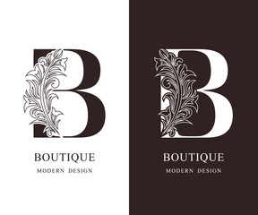 Elegant Capital letter B. Graceful royal style. Calligraphic beautiful logo. Vintage floral drawn emblem for book design, brand name, business card, Restaurant, Boutique, Hotel. Vector illustration