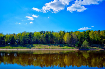 Obraz na płótnie Canvas Horizontal spring forest at river bank landscape background hd
