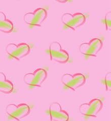 Seamless background with pink hearts and green line on light pink background. Love, Valentine's Day. Printing on fabric, packaging, wrappers.
